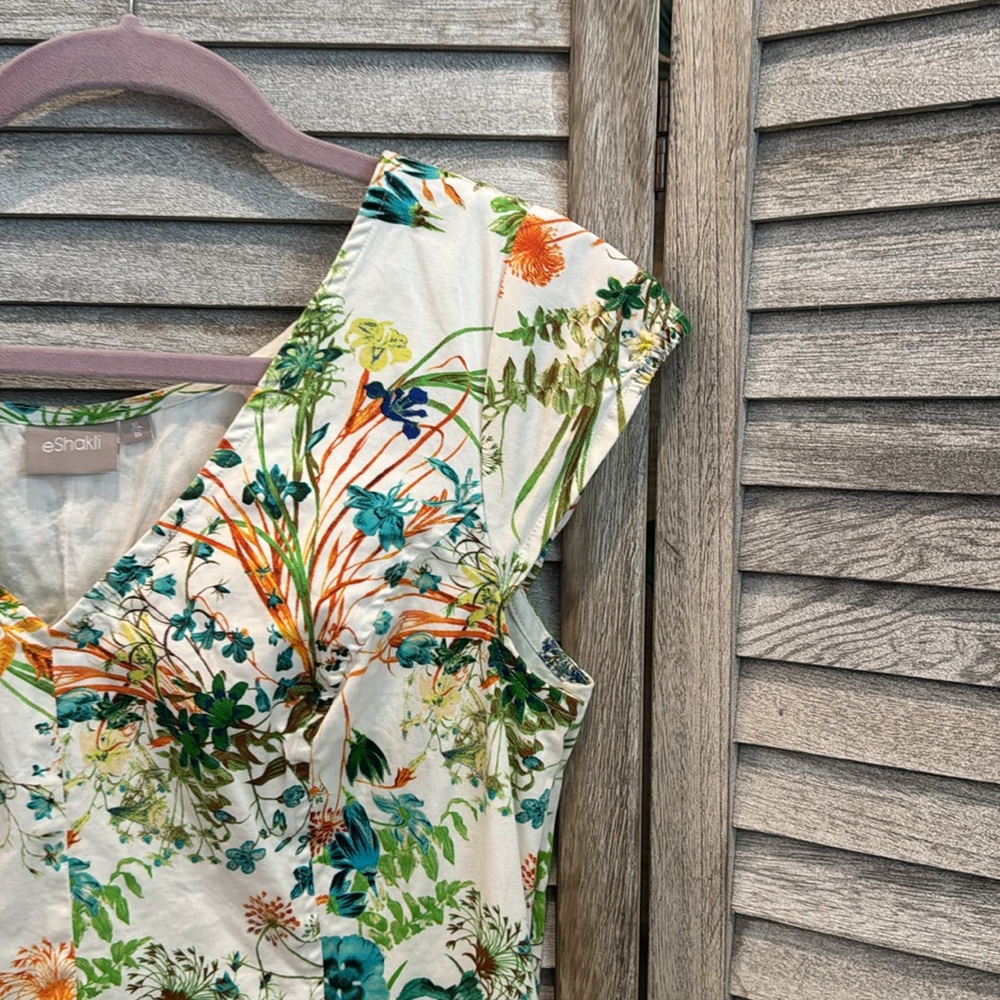 eshakti Cream Floral Fit-and-Flare Dress with Green & Teal Accents - Picture 4 of 11